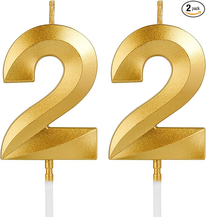 Birthday Candles, 1.96 Inch Number 22 Happy Birthday Candles, Number Candles Decoration for Birthday Party and Anniversary Celebration(Champagne Gold)