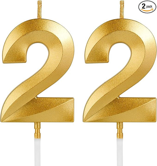 Birthday Candles, 1.96 Inch Number 22 Happy Birthday Candles, Number Candles Decoration for Birthday Party and Anniversary Celebration(Champagne Gold)