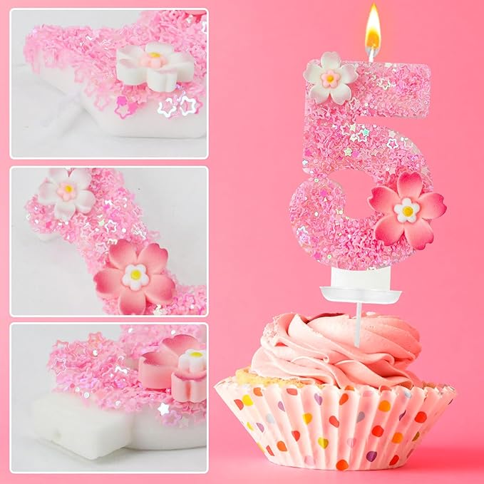 Pink Flower Birthday Candle,Number Birthday Candles for Cake, Ideal Birthday Parties Cake Decor, Wedding Anniversary and Other Celebrations (Number 5, Pink)