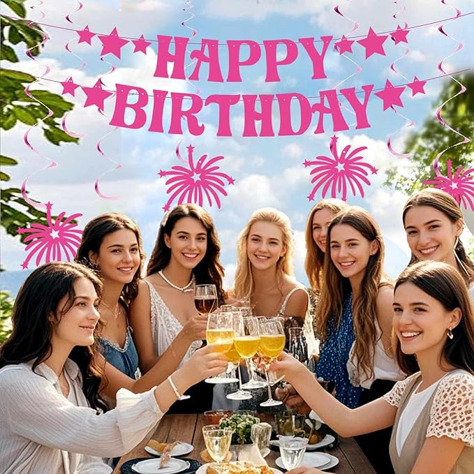 GOGOBAY Hot Pink Happy Birthday Decorations - 7PCS Pre-Strung Banner & Hanging Decorations for Girls' Birthday Party