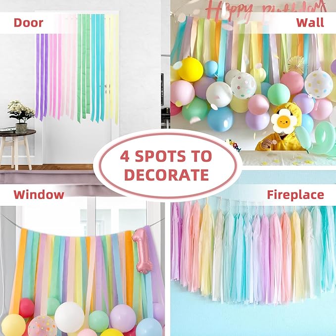 PIGETALE Crepe Paper Streamers, 8 Rolls 656ft Party Streamers, Pack of 8 Pastel Colors Crepe Paper for Kids Girls Birthday Party Supplies Wedding Bridal Baby Shower Decorations (1.8Inch x 82Ft/Roll)