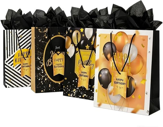 Treelement Happy Birthday 4 Pcs Assorted Designs Gift Bags Set, 7×3.4×9.5 Inch Gift Wrap Bags with Tissue Paper and Tags for Birthday Party Presents of Kids, Friends, Family