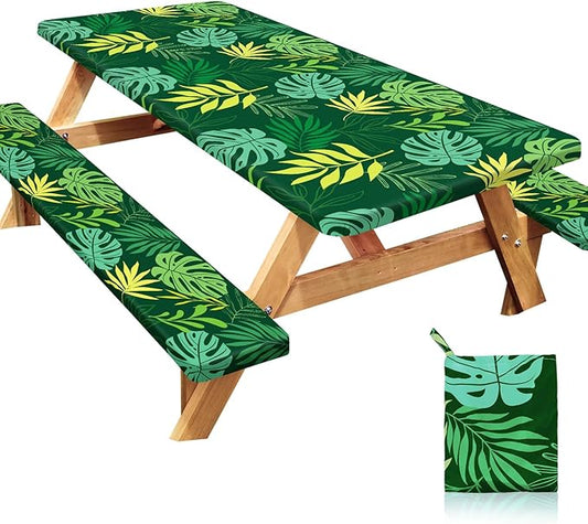 Picnic Table Cover with Bench Covers Windproof Waterproof Picnic Table Covers Camping Tablecloth with Self-Storage Bag, 72in, Green