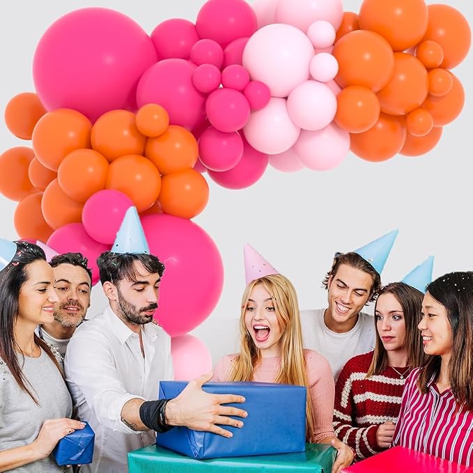Hot Pink Orange Balloon Arch Kit - 122pcs, Pink Orange Balloons, Arch Strip Tape, Glue, Holder Tool - Princess Cartoon Theme, Unisex Adults, General Celebration, All Ages