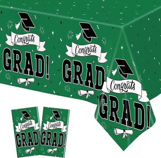 2Pcs Graduation Tablecloth, 108" X 54" Green Graduation Table Decorations 2026, Rectangle Tablecloths for Class 2026 Congrats Grad, Disposable Plastic Tablecover for Grad Decor Party Supplies for Kids