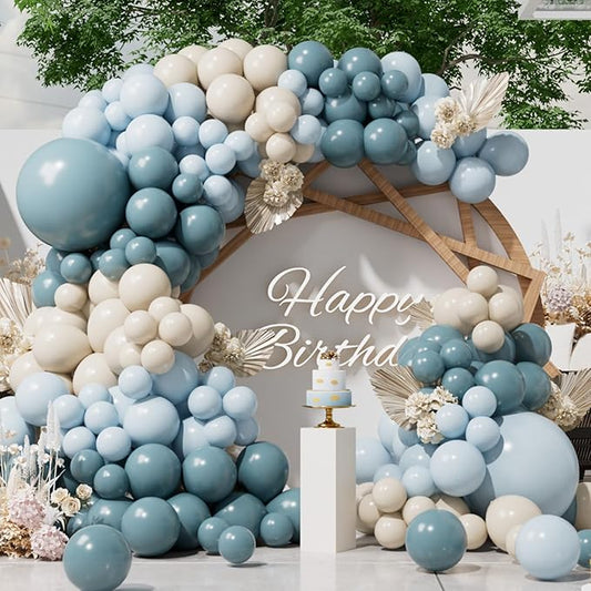 SUWEN Dusty Blue Balloons Arch Kit Garland 153Pcs Different Sizes of 18 10 5 Inch Light Blue and Sand White Balloons for Birthday Decoration Balloons Gender Reveal Party