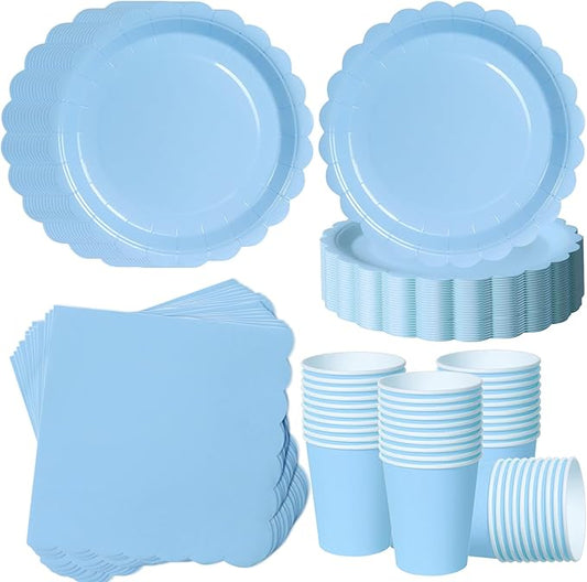 Light Blue Scalloped Party Plates Set, 120-Piece Disposable Dinnerware for 40 Guests, 7-inch Decorative Edge Plates, Cups & Napkins for Baby Shower Boy, Pool Party, Summer