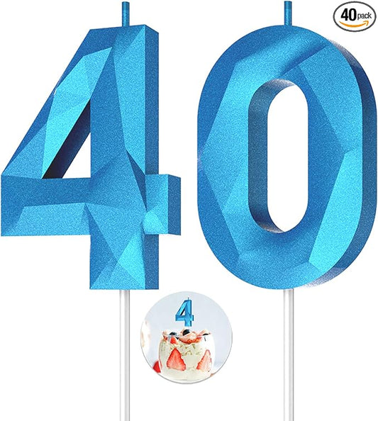 Number Birthday Candles(40 Candle Blue) 3D Diamond Shape Number Happy Birthday Cake Candles for Birthday Party Wedding Decoration Reunions Theme Party