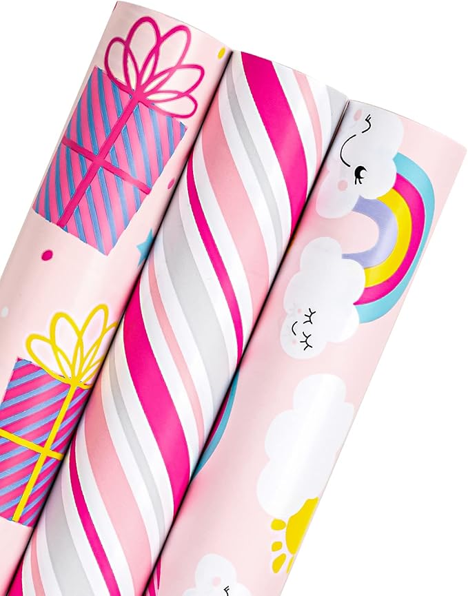 WRAPAHOLIC Birthday Wrapping Paper Roll - Mini Roll - 3 Rolls - 17 Inch X 120 Inch Per Roll - Pink Rainbow, Birthday Gift Boxes, Stripes for Kid's Birthday, Baby Shower