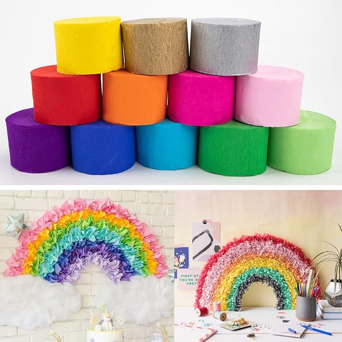 Coceca 12 Rolls 984ft Crepe Paper Streamers in 12 Colors for Rainbow Party Decorations Wedding Ceremony Birthday Indoor Decoration