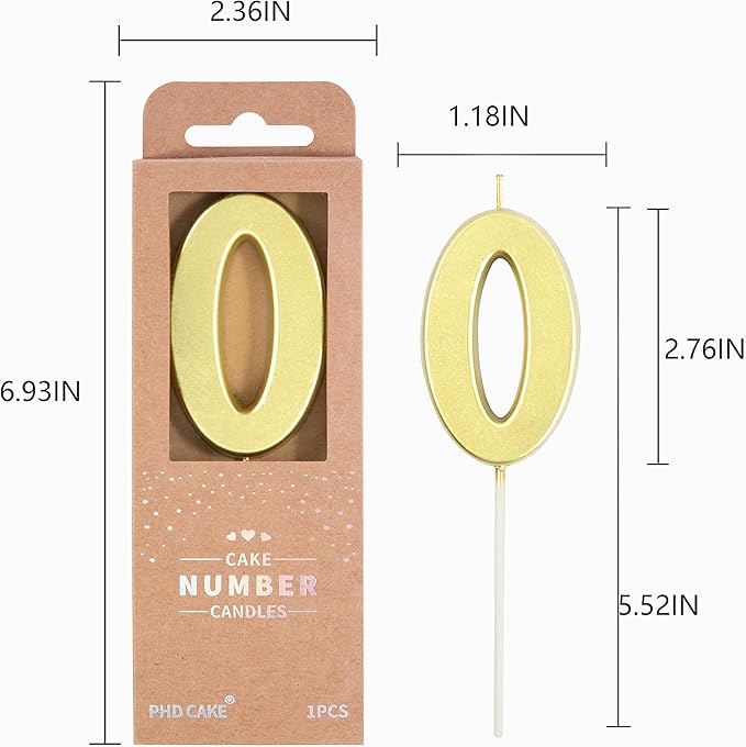 PHD CAKE 2.76 Inch Modern Gold 0 Number Birthday Candles, Gold Number Candles, Cake Number Candles, Party Celebration