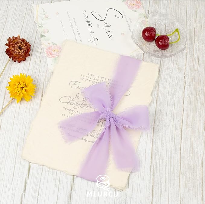 Lavender Chiffon Ribbon - 1-1/2 Inch x 21 Yards, Handmade Fringe, Lilac Chiffon Silk, Boho Frayed, Light Purple for Wedding Invitation, Bridal Flower Bouquets, Gift Wrapping