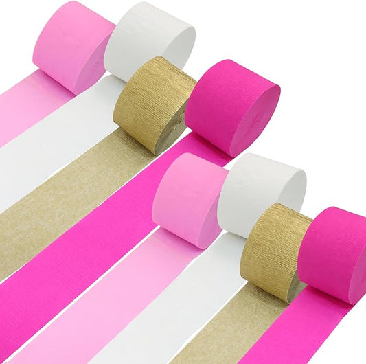 PHITUODA 8 Rolls Rose Pink Gold White Streamers 656ft, Rose Pink Gold White Crepe Paper Party Streamer Decorations for Wedding Shower/Baby Shower Birthday Valentine's Day, 82ft Long