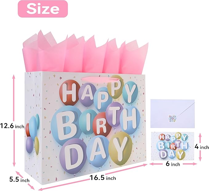 wishinside 16.5” Extra Large Happy Birthday Gift Bag Set with Handles, Greeting Card, Pink Tissue Papers and Stickers for Girls Kids Women, Colorful Balloon Design, 1 Pcs