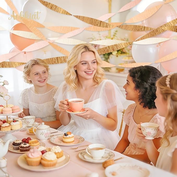 AOBKIAT Wedding Decor Gold Pink Orange Gold Crepe Paper 8 PCS Streamers Party Decorations for Wedding,Bachelorette,Birthday,Bridal Baby Shower,Anniversary Party Backdrop