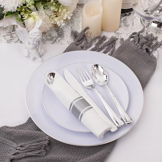 Supernal 120pack Silver Plastic Silverware,Rolled Plastic Silverware,Pre Rolled Napkins with Cutlery Set,Wrapped Disposable Cutlery Set with Napkin Perfect for Mother's Day, Birthday, Wedding,Catering