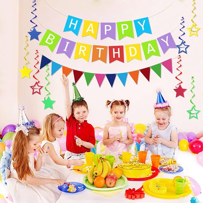 Colorful Happy Birthday Banner Rainbow Birthday Decorations, Rainbow Birthdays Banner Multicolor Triangle Flag Bunting Garland 8PCS Star Hanging Swirls Colorful Party Supplies for Girls Women Boys Men