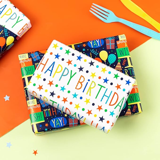 MAYPLUSS Reversible Birthday Wrapping Paper Mini Roll - 17In x 32.8Feet - Colorful Happy Birthday Lettering,Cake,Candle Pattern Kid Boys Party Gift Wrap Present Paper for Baby Shower, Holiday