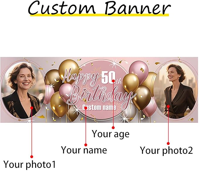 Dicodes Personalized Happy Birthday Banner with Name Custom Photos Birthday Photography Background Decorations Party Supplies for Women Men (Rose Pink-2 Photo)