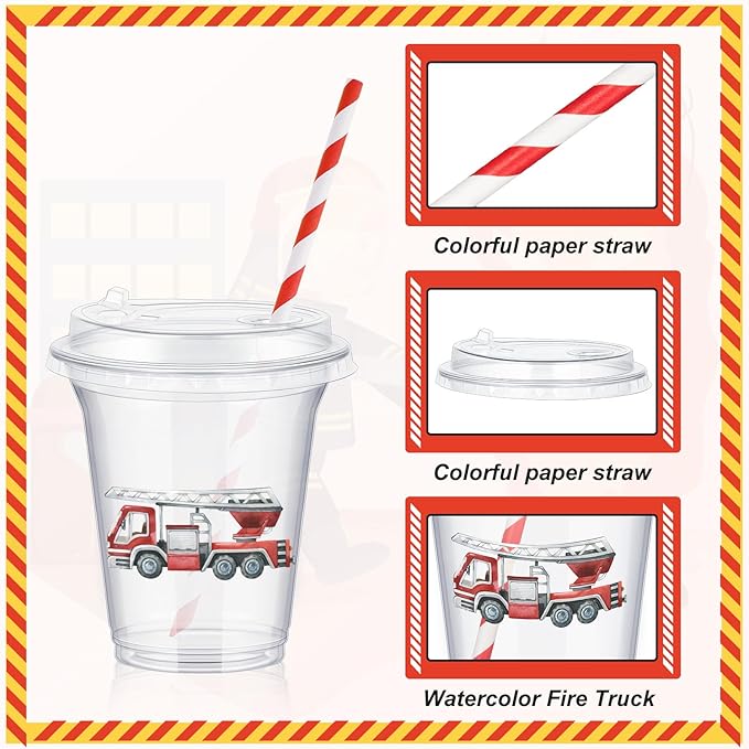 Qinyoung 60 Pcs Watercolor Fire Truck Party Cups with Lids and Paper Straws 14 oz Disposable Clear Plastic Cups for Firefighter Birthday Party Favor Supplies Decorations