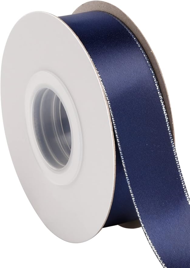 1" Double Face Satin Ribbon with Silver Edge 25 Yards (370-Navy), Perfect for Gift Wrapping, Party Decor, Wedding and Craft