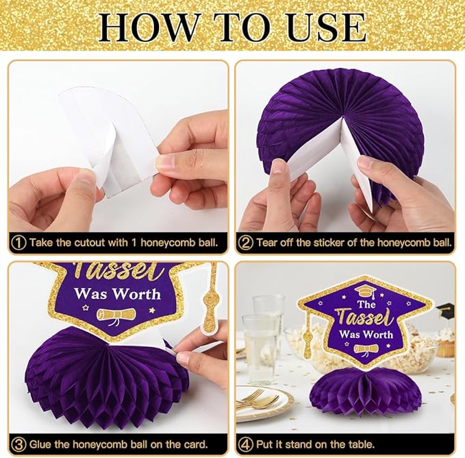 Graduation Decorations Class of 2026 Honeycomb Centerpieces, 9PCS Graduation Centerpieces for Tables, Congrats Grad Table Toppers for Middle High School College Graduation Decorations (Purple Gold)