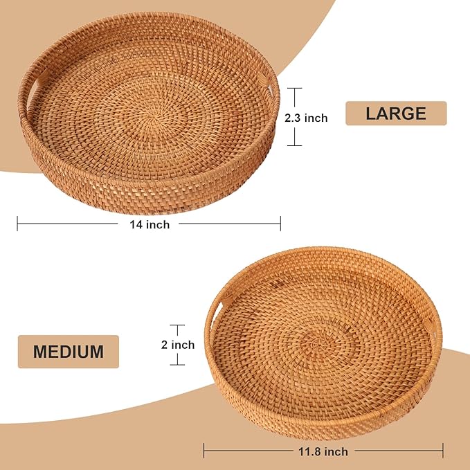 Round Rattan Serving Tray, Natural Wicker Decorative Tray for Serving, Fruit/Bread Serving Basket, Round Woven Tray with Handles.(Large:14inch)