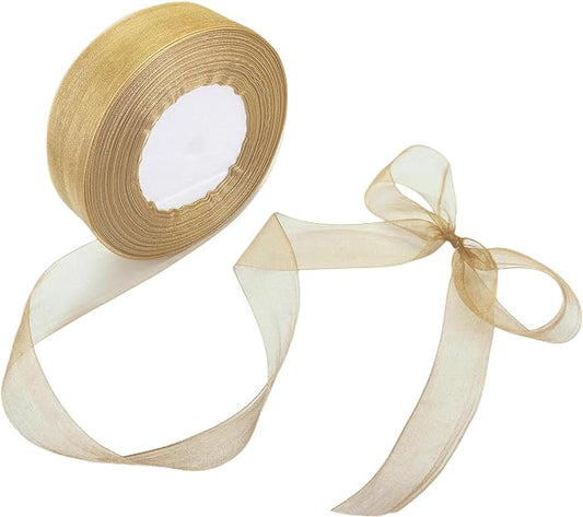 1 Inch 50 Yards Sheer Organza Ribbon Chiffon Ribbon for Gift Wrapping Wedding Bouquet Crafts (Gold)