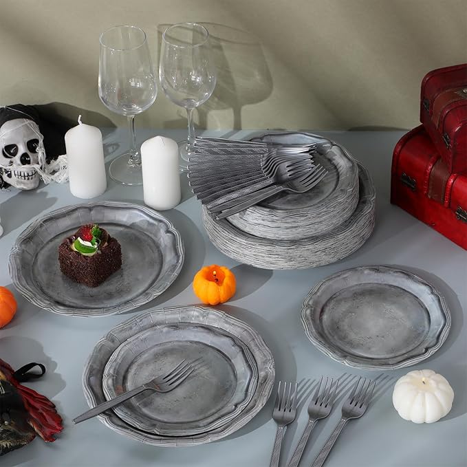 Jingmore 180 Pcs Medieval Party Supplies Disposable Pewter Paper Plates and Forks Tableware Set for Pirate Knight Castle Halloween Decorations Dinner Silver Grey 9" and 7'' Serves 60(Design Style)