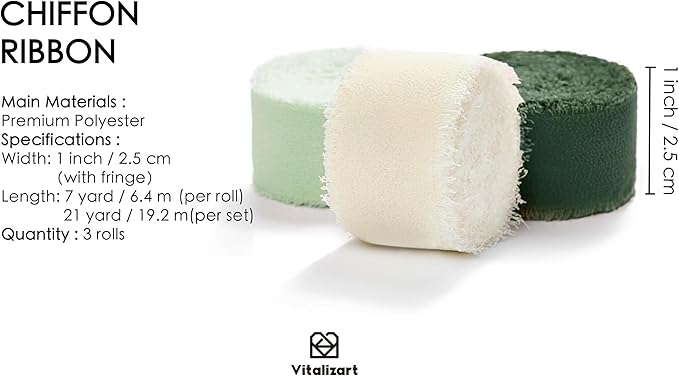 Vitalizart Cream & Green Chiffon Silk Ribbon 1" x 21 Yd Fringe Fabric Package (3 Rolls * 7 Yd) for Wedding Invitations Bridal Bouquets Decorations Gifts Wrapping & Bow Making
