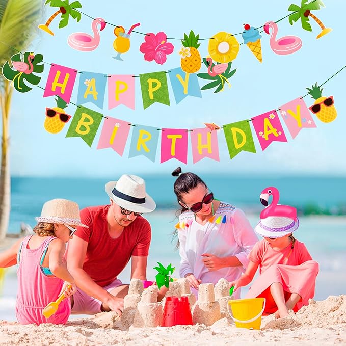 SUNBEAUTY Hawaiian Happy Birthday Banner Tropical Luau Party Birthday Flamingo Pineapple Palm Leaf Banner for Summer Birthday Party Decorations Supplies | Pre-Strung