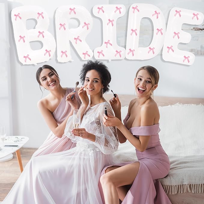 40 Inch White Bride Balloons with Pink Bows, Jumbo Bachelorette Party Décor Bride Letter Balloons Bridal Photo Booth Bridal To Be Banner for Wedding Bachelorette Party Decorations