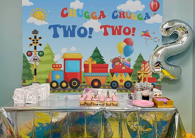 Mocscika Chugga Chugga Two Two Backdrop Red Train Theme 2nd Birthday Party Decorations Happy Second Birthday Cake Table Banner for Photography (Colorful, 8x6ft(96''x72''))