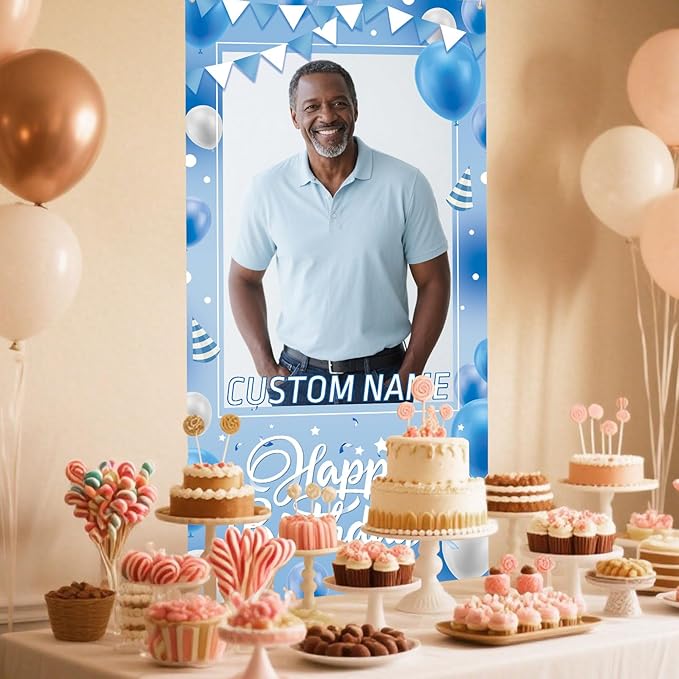 Dicodes Personalized Happy Birthday Door Banner Custom Photo Birthday Photography Background Decorations Party Supplies for Women Men (Blue White)