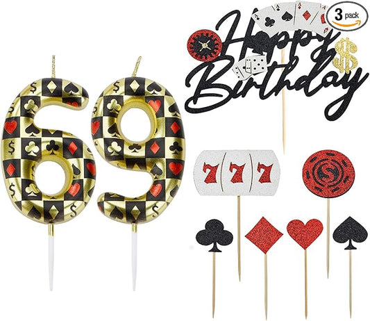 Casino Birthday Number Candles for Cake, Poker Birthday Candles for Casino Themed Birthday Party Decoration, Glitter Casino Birthday Cake Topper for Casino Night Theme Birthday Cake(Number 69 & 96)