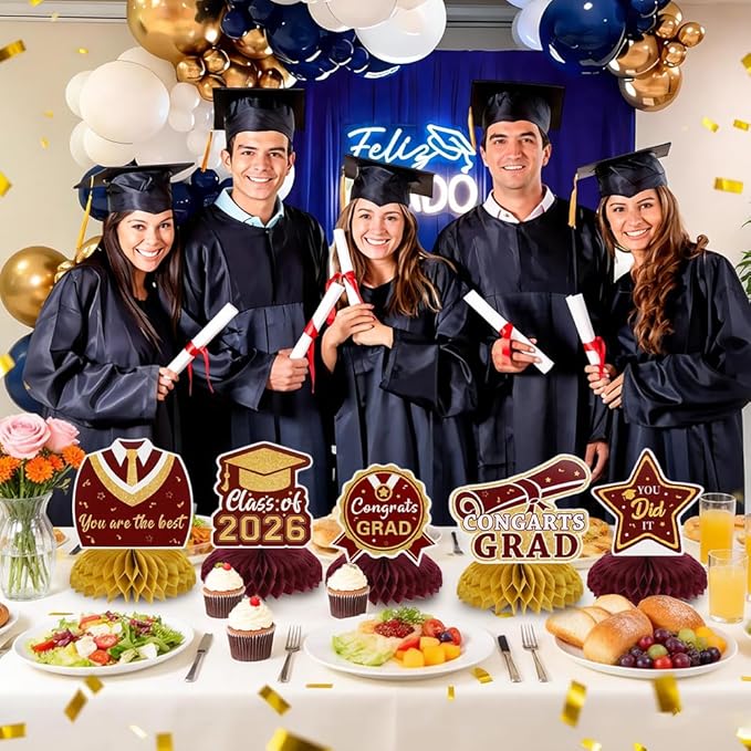 Graduation Decorations Class of 2026 Honeycomb Centerpieces, 9PCS Graduation Centerpieces for Tables, Congrats Grad Table Toppers for 2026 Law Nursing Police Doctoral Graduation Party Decor (Red Gold)