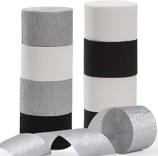 Black White Silver Party-Decorations Streamers - 9 Rolls Graduation Men Boys Birthday Crepe Tissue Paper Streamer Banner, Wedding Baby Bridal Shower New Years Garland Decor Panduola