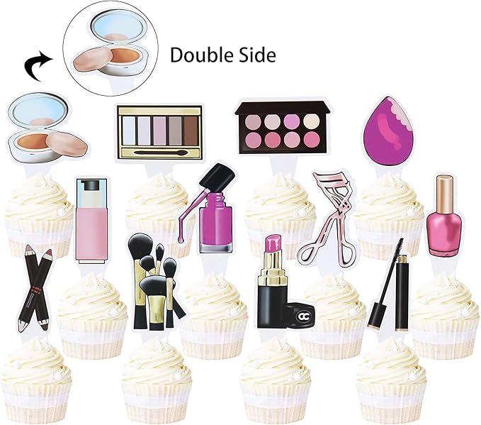 Ercadio 36Pcs Double-Sided Makeup Cupcake Toppers Lipstick Cosmetics Cupcake Picks Eye Shadow Eyelash Curler Food Picks for Girls Makeup Birthday Bridal Shower Bachelorette Party Decorations Supplies