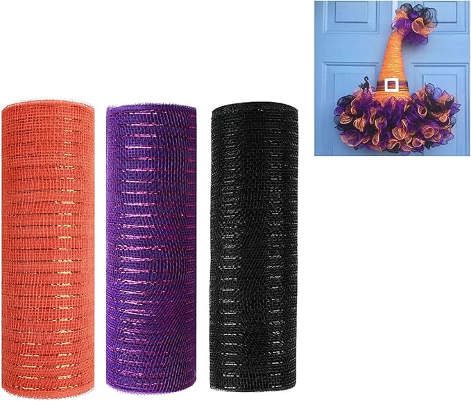 3 Roll Orange Purple Black Deco Mesh Ribbon for Wreath Making Supplies, 10 Inch x 30FT Metallic Foil Burlap Deco Mesh Fabric for Halloween Thanksgiving Christmas Wreath Swags and Decorating