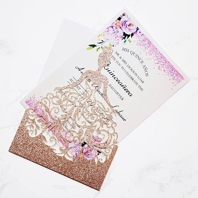 50PCS Personalized Wedding Invitations Cards with Envelopes 5 x7.3 Inch Laser Cut Hollow Girl Princess Pocket with Envelopes Crown Invitations Cards for Quinceañera Birthday Sweet 16, Party Invite (Rose Gold Glitter)