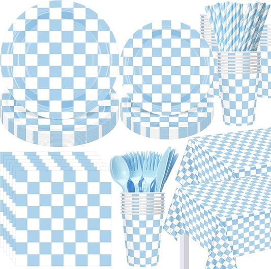 Funnymoom 452 Pcs Light Blue and White Gingham Party Supplies for 50, Blue Checkered Gingham Paper Plates Napkins Cups Tablecloth Cutlery Straws for Baby Shower Picnic Camping Birthday Decoration