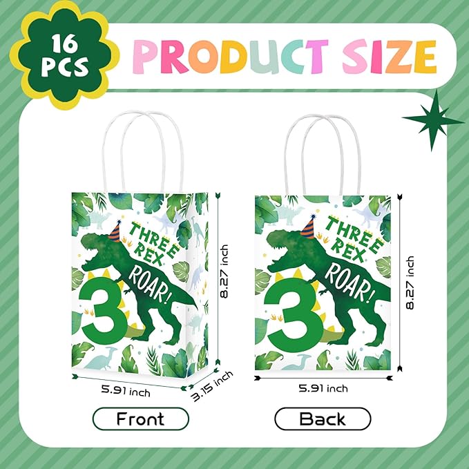Grencian 16Pcs Dinosaur 3rd Birthday Party Favor Bags 3 Three Rex Dinosaur Candy Treat Gift Goodie Bags with Handles Three Rex Birthday Decorations for Boys 3 Year Old Party Decorations Favors Supplies