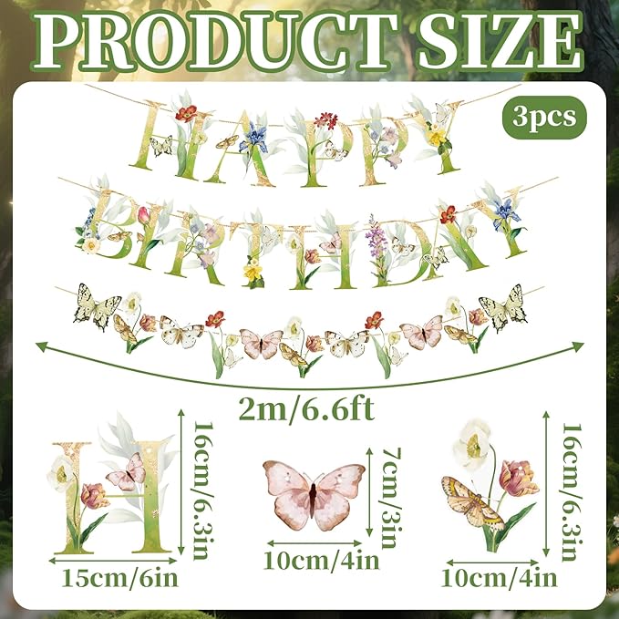 SUNBEAUTY Wildflower Butterfly Happy Birthday Banner Spring Floral Birthday Decorations Pre-Strung Butterfly Flower Garden Decor for Girls Women Baby Shower Wedding Tea Party