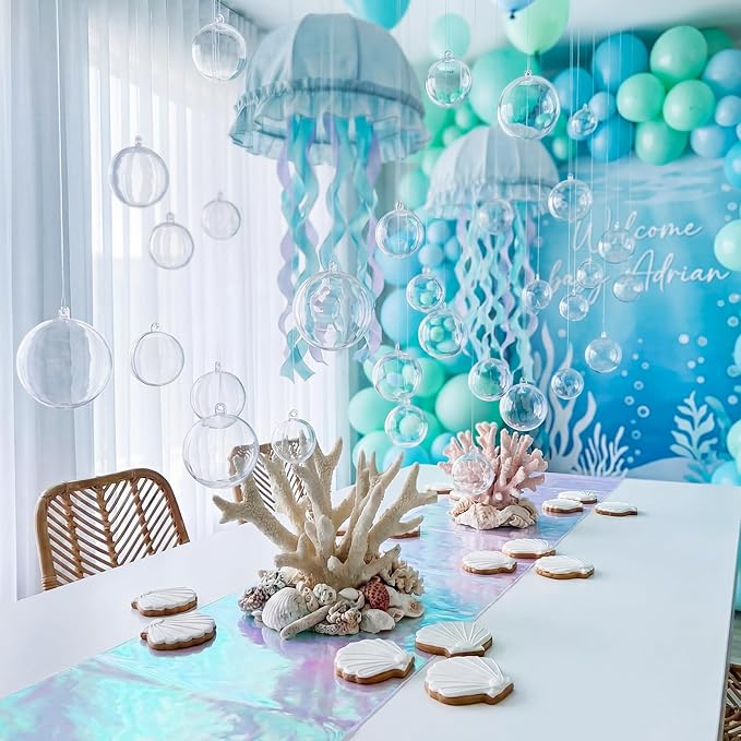 30 Pcs Transparent 3D Bubble Party Decorations Clear Plastic Ornament Balls 5 Sizes Mermaid Ocean Bubble Garland Hanging DIY Ceiling Wall Decor for Birthday Baby Shower Wedding
