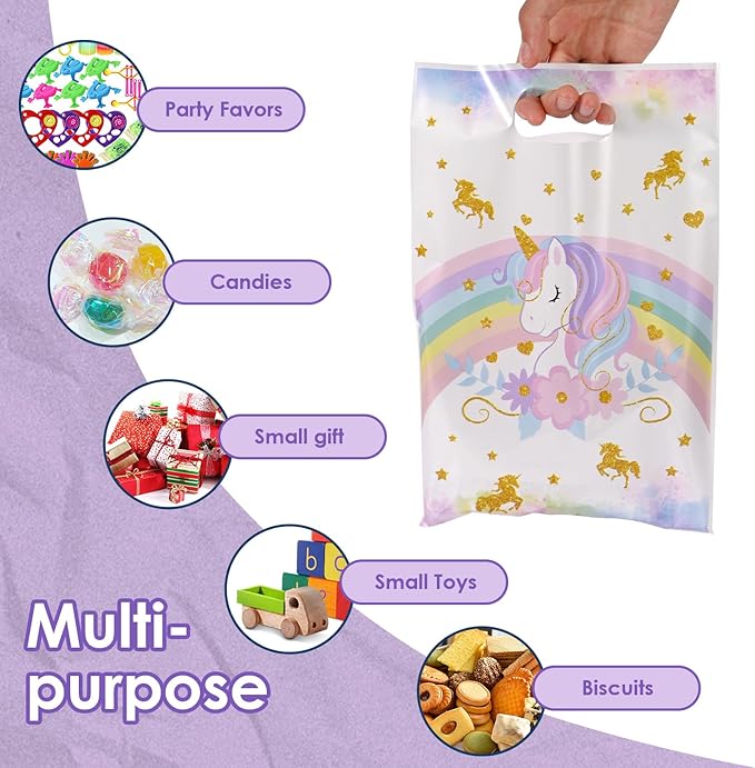 50 Pcs Unicorn Party Favor Bags with Handles - Plastic Treat Bags for Candy & Small Gifts, Bulk Supplies for Wedding Baby Shower Goodie Bags, Holiday Gift Bags for Thanksgiving Halloween Christmas New Years, Birthday Party Decorations