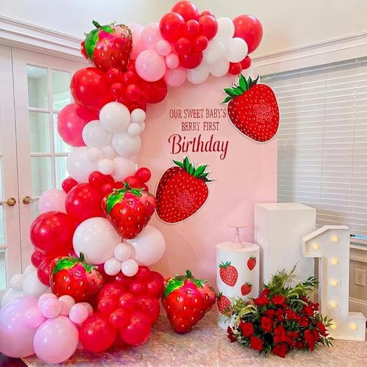 240pcs Strawberry Balloon Arch Garland Kit, Red and Pink Balloons with Strawberry Foil Balloons for Girls Sweet One Berry First Birthday Baby Shower Valentine's Day Party Decorations