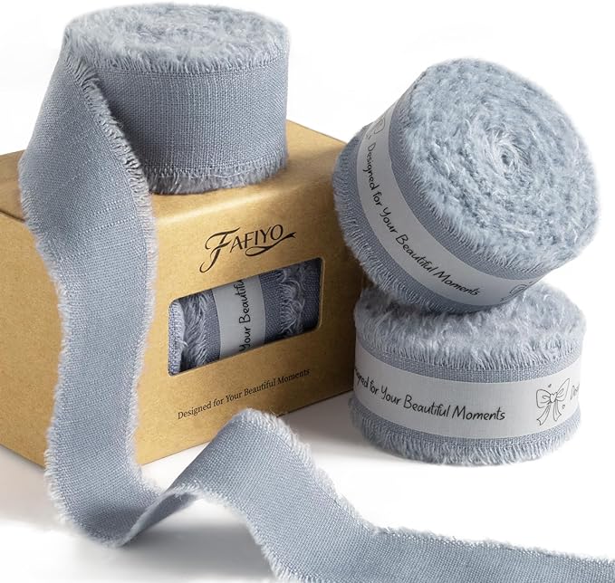 Dusty Blue Cotton Ribbon 1 Inch Dusty Blue 3 Rolls 21 Yards Frayed Edge Fabric Set for Wedding Decor, Bridal Bouquet Wrap, Graduation Party, Gift Wrapping & Spring Wedding