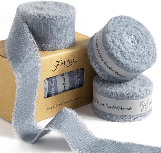 Dusty Blue Cotton Ribbon 1 Inch Dusty Blue 3 Rolls 21 Yards Frayed Edge Fabric Set for Wedding Decor, Bridal Bouquet Wrap, Graduation Party, Gift Wrapping & Spring Wedding