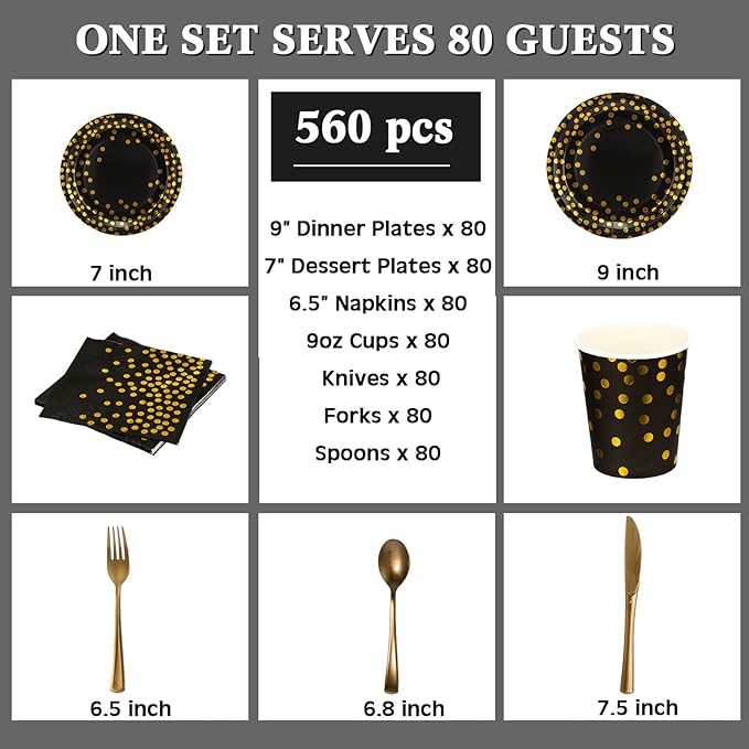 Sieral 560 Pcs Black and Gold Party Supplies for 80 Guests Golden Dot Tableware Kits Black Paper Plates Cups Napkins Gold Plastic Fork Knives Spoons for Birthday Retirement Graduation Party Decor