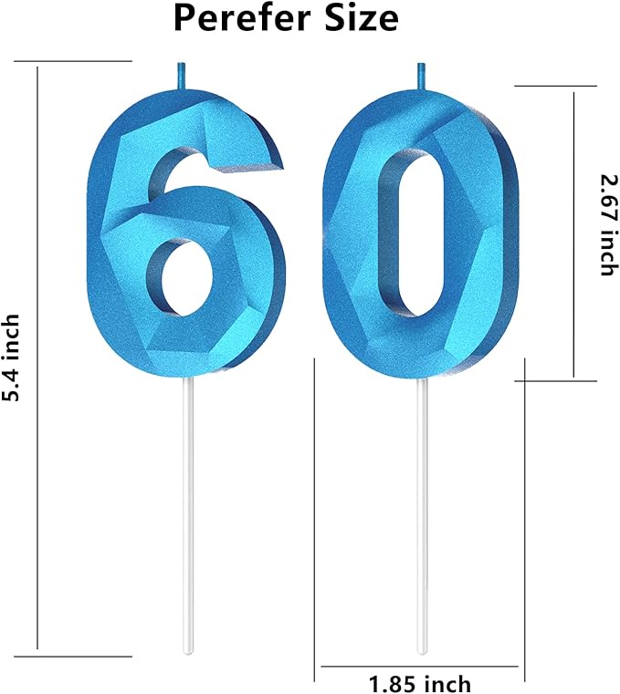 Number Birthday Candles(60 Candle Blue) 3D Diamond Shape Number Happy Birthday Cake Candles for Birthday Party Wedding Decoration Reunions Theme Party